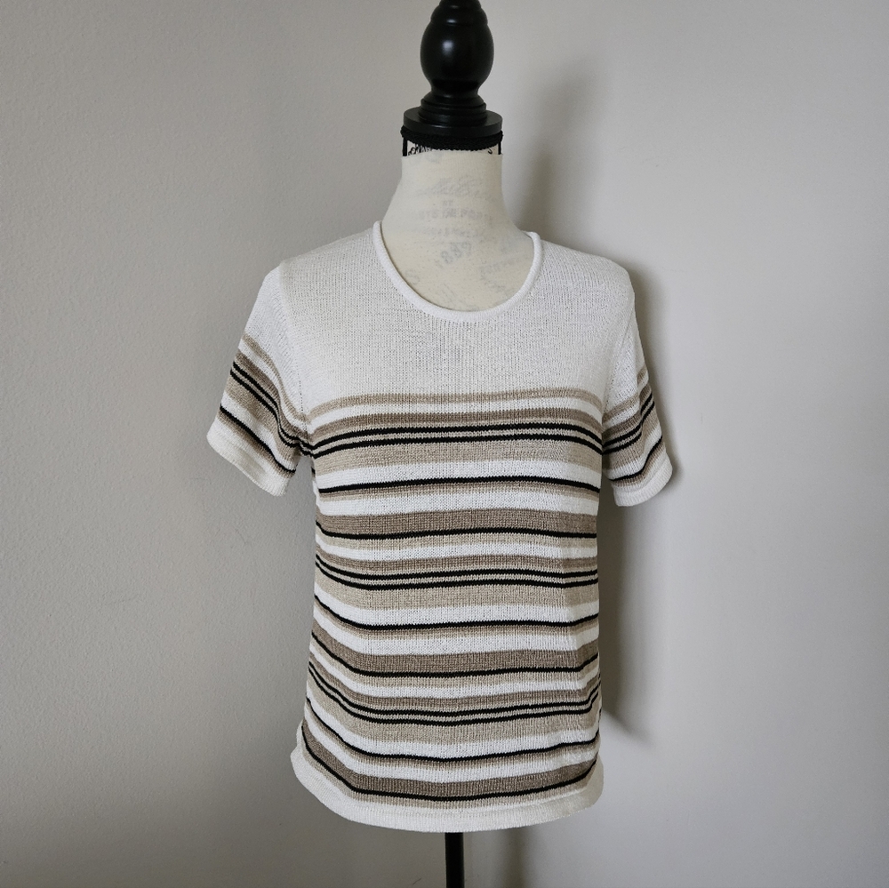 🧡Striped Short-Sleeve Knit Top - White & Beige style& co size large🧡